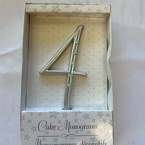 Silver Cake Monogram Number 4 Topper With Rhinestones